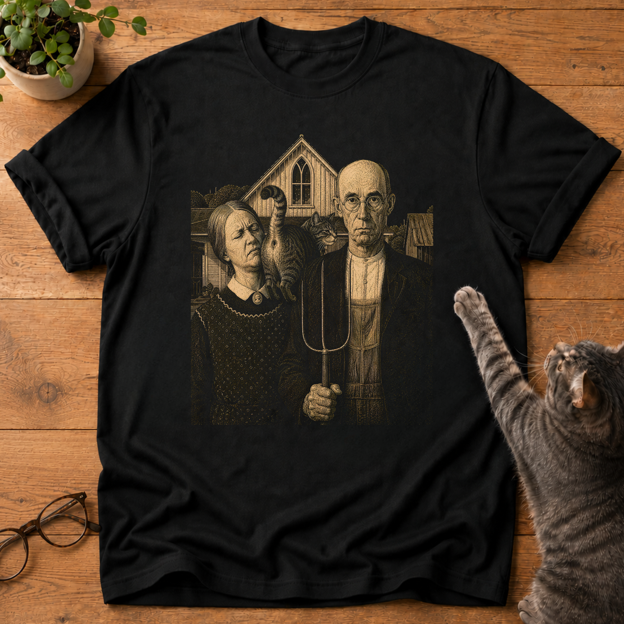 Cat vs American Gothic T-Shirt