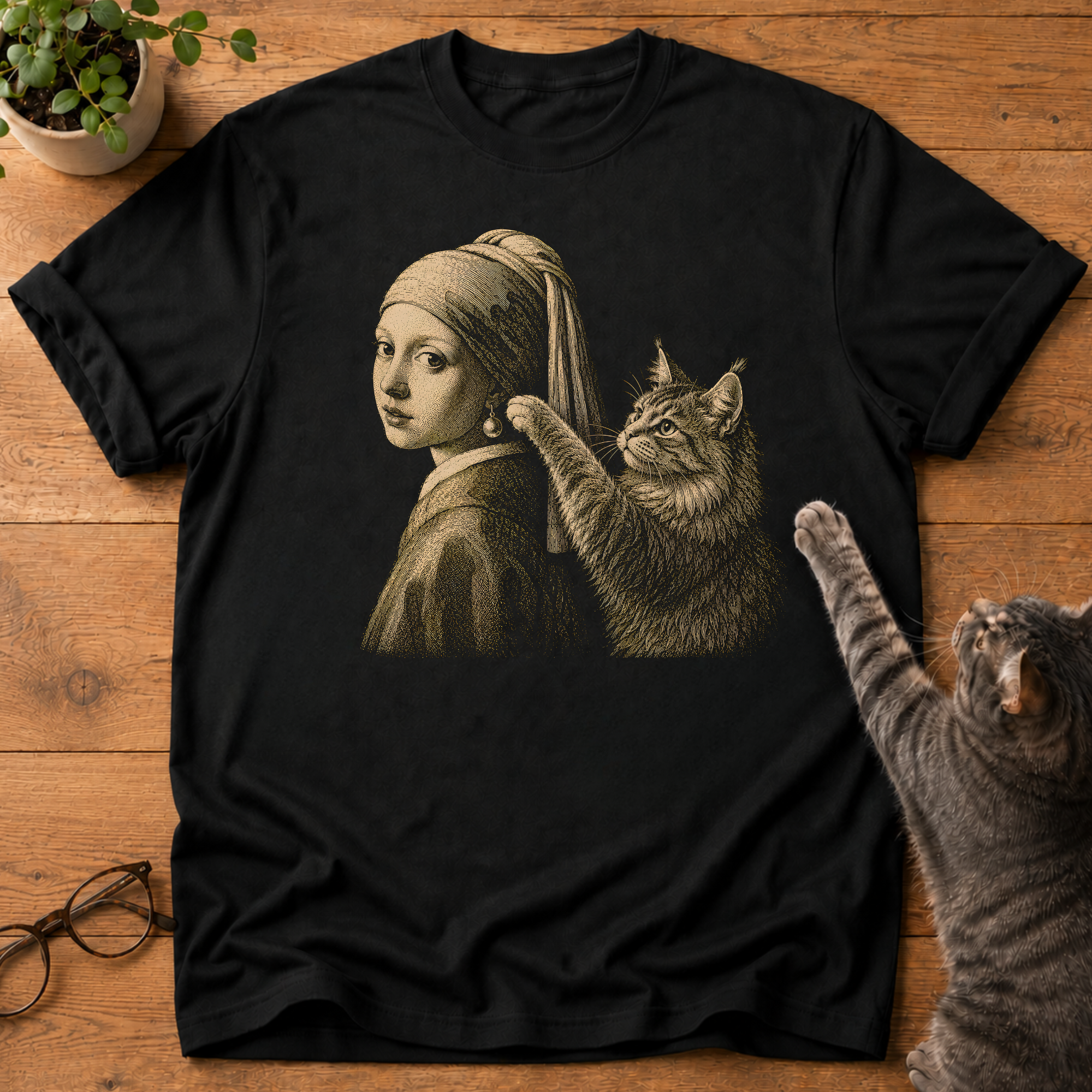 Cat vs Girl With The Pearl Earring T-Shirt